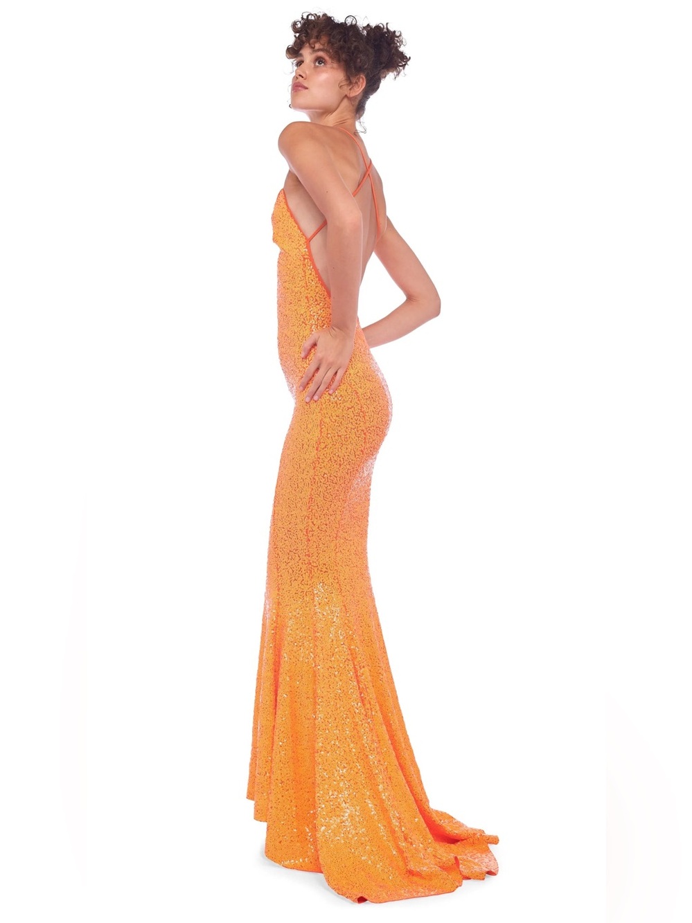 Norma Kamali Sequin Low Back Slip Mermaid Fishtail Gown Neon Orange ~ NWT S/XS - Picture 3 of 13